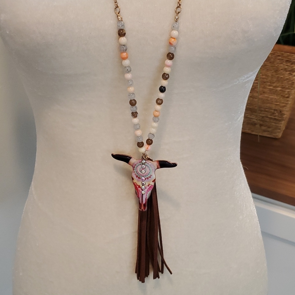 NWOT Steer Skull Long Necklace, 33 inches+